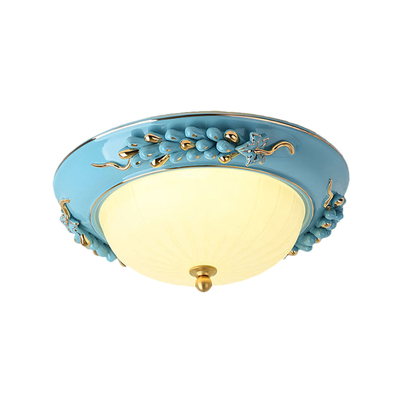 Blue 12"/14" W LED Ceiling Flush Antiqued Opal Glass Semicircle Flush Mount Lighting with Floral Design, Warm/White Light Clearhalo 'Ceiling Lights' 'Close To Ceiling Lights' 'Close to ceiling' 'Flush mount' Lighting' 1598498