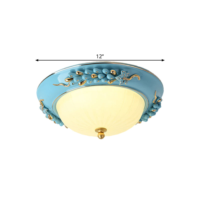 Blue 12"/14" W LED Ceiling Flush Antiqued Opal Glass Semicircle Flush Mount Lighting with Floral Design, Warm/White Light Clearhalo 'Ceiling Lights' 'Close To Ceiling Lights' 'Close to ceiling' 'Flush mount' Lighting' 1598499