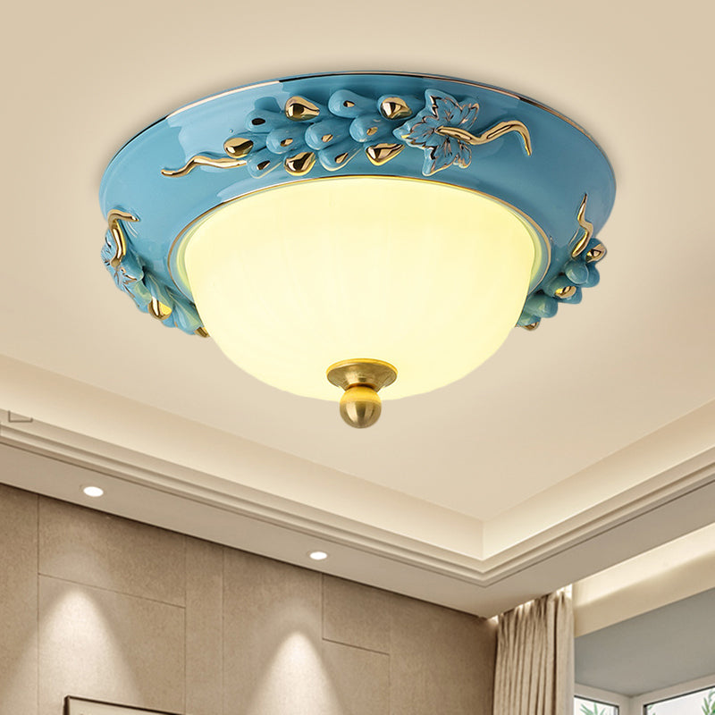 Blue 12"/14" W LED Ceiling Flush Antiqued Opal Glass Semicircle Flush Mount Lighting with Floral Design, Warm/White Light Blue 14" Clearhalo 'Ceiling Lights' 'Close To Ceiling Lights' 'Close to ceiling' 'Flush mount' Lighting' 1598500