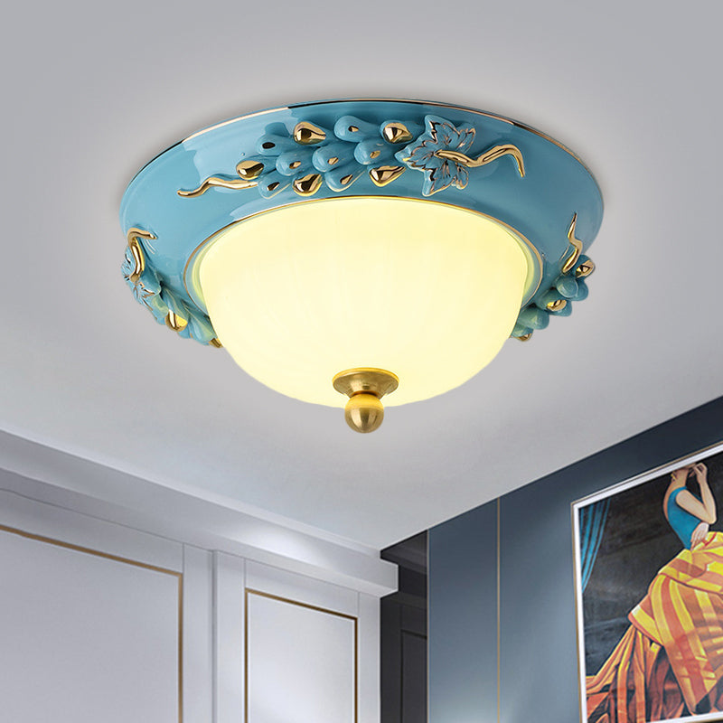 Blue 12"/14" W LED Ceiling Flush Antiqued Opal Glass Semicircle Flush Mount Lighting with Floral Design, Warm/White Light Clearhalo 'Ceiling Lights' 'Close To Ceiling Lights' 'Close to ceiling' 'Flush mount' Lighting' 1598501