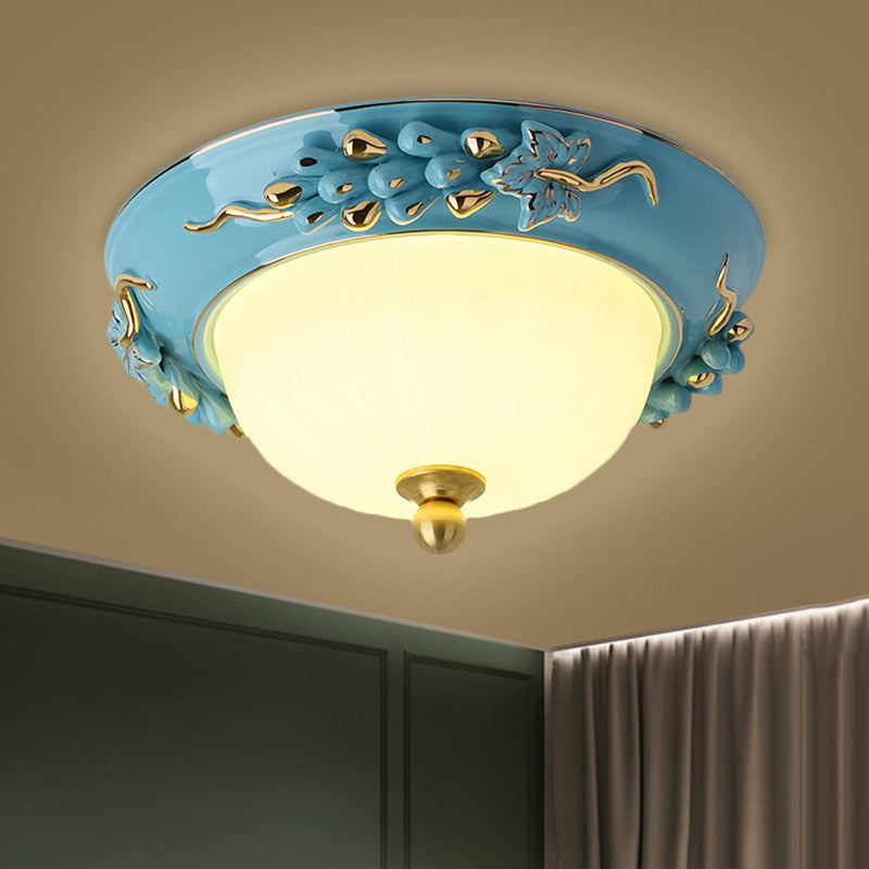 Blue 12"/14" W LED Ceiling Flush Antiqued Opal Glass Semicircle Flush Mount Lighting with Floral Design, Warm/White Light Clearhalo 'Ceiling Lights' 'Close To Ceiling Lights' 'Close to ceiling' 'Flush mount' Lighting' 1598502