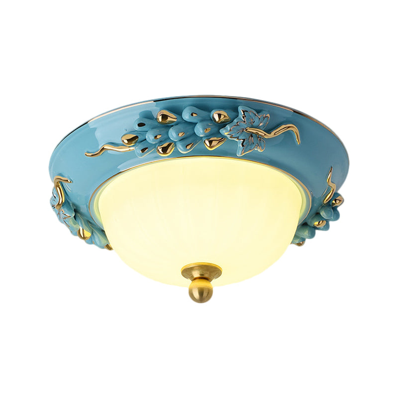 Blue 12"/14" W LED Ceiling Flush Antiqued Opal Glass Semicircle Flush Mount Lighting with Floral Design, Warm/White Light Clearhalo 'Ceiling Lights' 'Close To Ceiling Lights' 'Close to ceiling' 'Flush mount' Lighting' 1598503