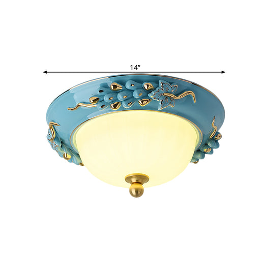 Blue 12"/14" W LED Ceiling Flush Antiqued Opal Glass Semicircle Flush Mount Lighting with Floral Design, Warm/White Light Clearhalo 'Ceiling Lights' 'Close To Ceiling Lights' 'Close to ceiling' 'Flush mount' Lighting' 1598504