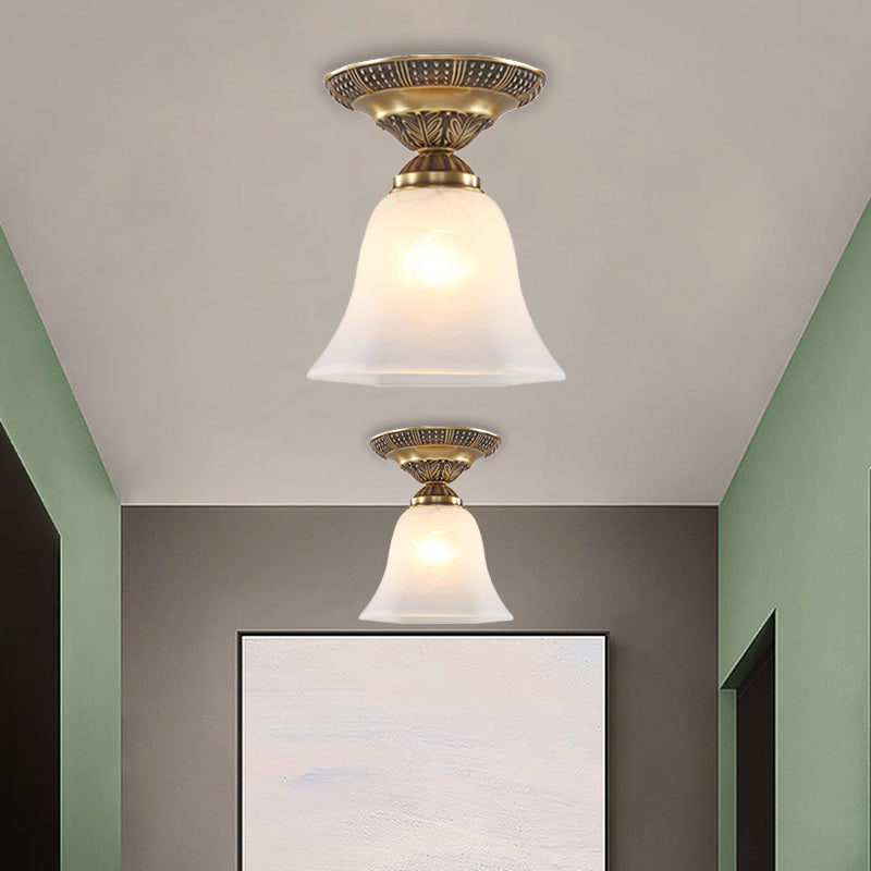 Frosted Glass Brass Flush Mount Fixture Bell Shape Single Head Country Ceiling Mounted Light Brass Clearhalo 'Ceiling Lights' 'Close To Ceiling Lights' 'Close to ceiling' 'Flush mount' Lighting' 1598505