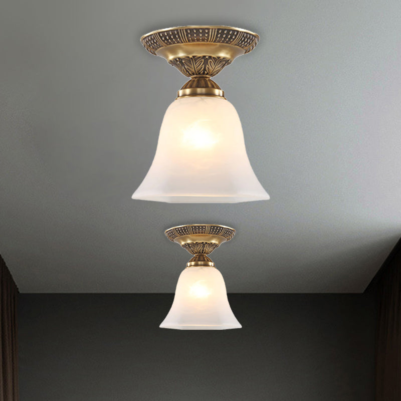 Frosted Glass Brass Flush Mount Fixture Bell Shape Single Head Country Ceiling Mounted Light Clearhalo 'Ceiling Lights' 'Close To Ceiling Lights' 'Close to ceiling' 'Flush mount' Lighting' 1598506