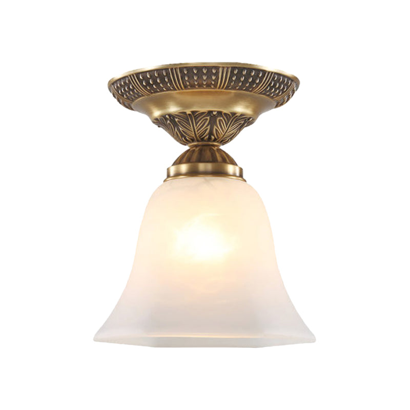 Frosted Glass Brass Flush Mount Fixture Bell Shape Single Head Country Ceiling Mounted Light Clearhalo 'Ceiling Lights' 'Close To Ceiling Lights' 'Close to ceiling' 'Flush mount' Lighting' 1598507