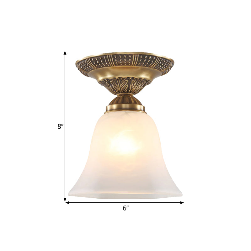 Frosted Glass Brass Flush Mount Fixture Bell Shape Single Head Country Ceiling Mounted Light Clearhalo 'Ceiling Lights' 'Close To Ceiling Lights' 'Close to ceiling' 'Flush mount' Lighting' 1598508