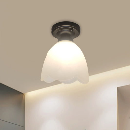 Frosted Glass Black Ceiling Fixture Flower Bud 1-Head Loft Style Flush Mount Lamp for Hallway Clearhalo 'Ceiling Lights' 'Close To Ceiling Lights' 'Close to ceiling' 'Flush mount' Lighting' 1598510