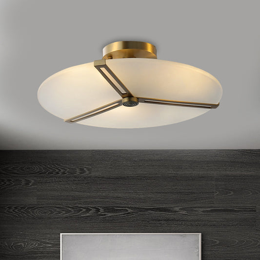 Brass 3-Head Ceiling Fixture Vintage Milky Glass Clock Semi Flush Mount Lighting for Bedroom Brass Clearhalo 'Ceiling Lights' 'Close To Ceiling Lights' 'Close to ceiling' 'Glass shade' 'Glass' 'Pendant Lights' 'Semi-flushmount' Lighting' 1598521