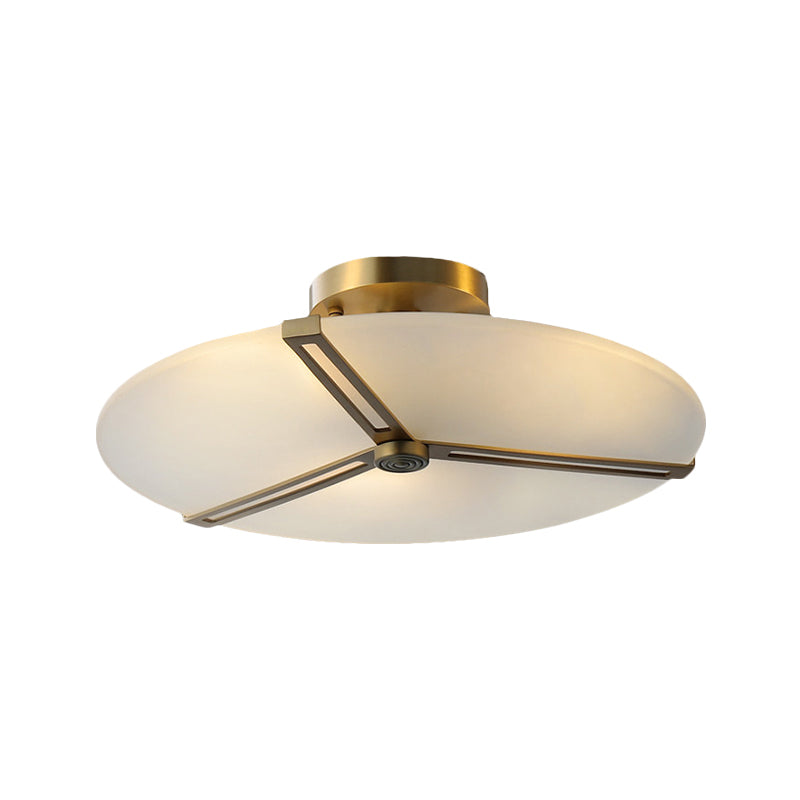 Brass 3-Head Ceiling Fixture Vintage Milky Glass Clock Semi Flush Mount Lighting for Bedroom Clearhalo 'Ceiling Lights' 'Close To Ceiling Lights' 'Close to ceiling' 'Glass shade' 'Glass' 'Pendant Lights' 'Semi-flushmount' Lighting' 1598523