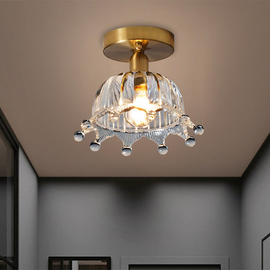 Clear Fluted Glass Brass Semi Mount Inverted Crown Single Bulb Antiqued Close to Ceiling Light Brass Clearhalo 'Ceiling Lights' 'Close To Ceiling Lights' 'Close to ceiling' 'Glass shade' 'Glass' 'Pendant Lights' 'Semi-flushmount' Lighting' 1598525