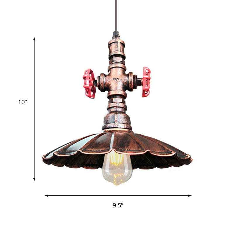 1 Light Scalloped Edge Ceiling Pendant Light Rustic Style Brass/Weathered Copper Iron Hanging Light with Pipe and Valve Clearhalo 'Art Deco Pendants' 'Cast Iron' 'Ceiling Lights' 'Ceramic' 'Crystal' 'Industrial Pendants' 'Industrial' 'Metal' 'Middle Century Pendants' 'Pendant Lights' 'Pendants' 'Tiffany' Lighting' 159865