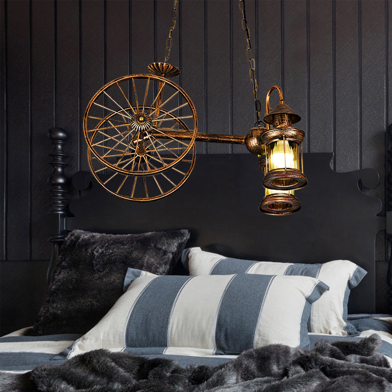 Rustic Stylish Wheel Design Hanging Lamp with Lantern Shade 2 Lights Metal Chandelier Lighting in Brass Clearhalo 'Ceiling Lights' 'Chandeliers' Lighting' options 159908