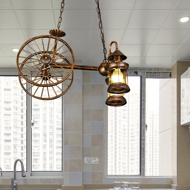 Rustic Stylish Wheel Design Hanging Lamp with Lantern Shade 2 Lights Metal Chandelier Lighting in Brass Clearhalo 'Ceiling Lights' 'Chandeliers' Lighting' options 159909