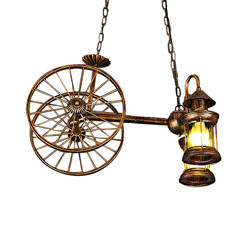 Rustic Stylish Wheel Design Hanging Lamp with Lantern Shade 2 Lights Metal Chandelier Lighting in Brass Clearhalo 'Ceiling Lights' 'Chandeliers' Lighting' options 159910