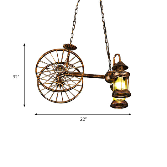 Rustic Stylish Wheel Design Hanging Lamp with Lantern Shade 2 Lights Metal Chandelier Lighting in Brass Clearhalo 'Ceiling Lights' 'Chandeliers' Lighting' options 159911