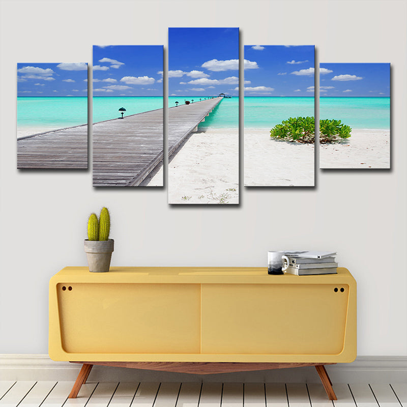 Tropical Beach Scenery Wall Art Blue Bridge Across Sea Canvas Print for Living Room Blue Clearhalo 'Art Gallery' 'Canvas Art' 'Contemporary Art Gallery' 'Modern' Arts' 1599301