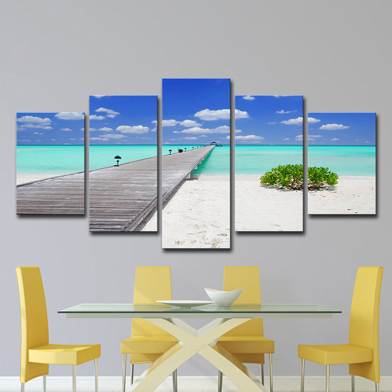 Tropical Beach Scenery Wall Art Blue Bridge Across Sea Canvas Print for Living Room Clearhalo 'Art Gallery' 'Canvas Art' 'Contemporary Art Gallery' 'Modern' Arts' 1599302