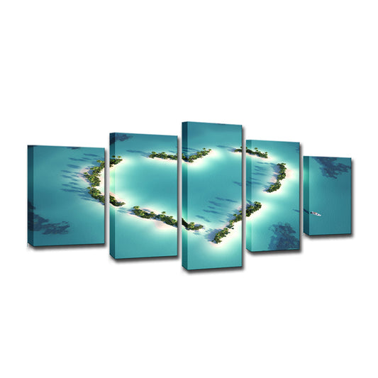 Tropix Aerial View Wall Art Blue Love-Heart Shaped Beach Plant Canvas Print Clearhalo 'Art Gallery' 'Canvas Art' 'Contemporary Art Gallery' 'Modern' Arts' 1599483