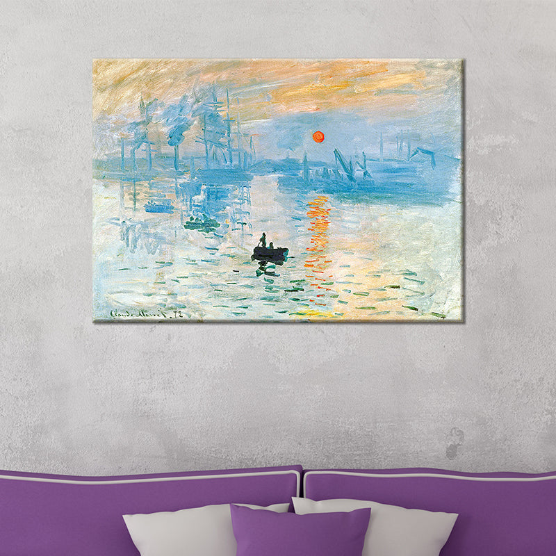 Blue Scenery Wall Art Decor Nightfall Boat on the River Modern Textured Painting Blue Clearhalo 'Art Gallery' 'Canvas Art' 'Contemporary Art Gallery' 'Modern' Arts' 1599557