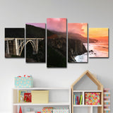 Sunset Landscape Wall Art Decor for Home Bridge Across Stone Bay Canvas in Black, Multi-Piece Black Clearhalo 'Art Gallery' 'Canvas Art' 'Contemporary Art Gallery' 'Modern' Arts' 1599645