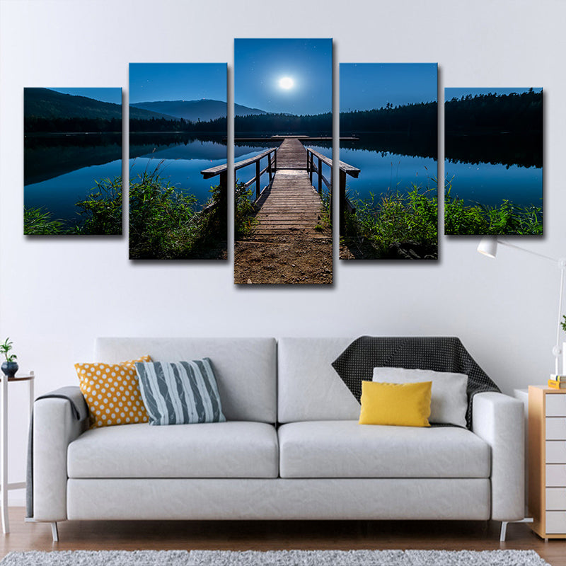 Contemporary Canvas Print Blue Bridge to the River at Full Moon Night Wall Art Decor Blue Clearhalo 'Art Gallery' 'Canvas Art' 'Contemporary Art Gallery' 'Modern' Arts' 1599652