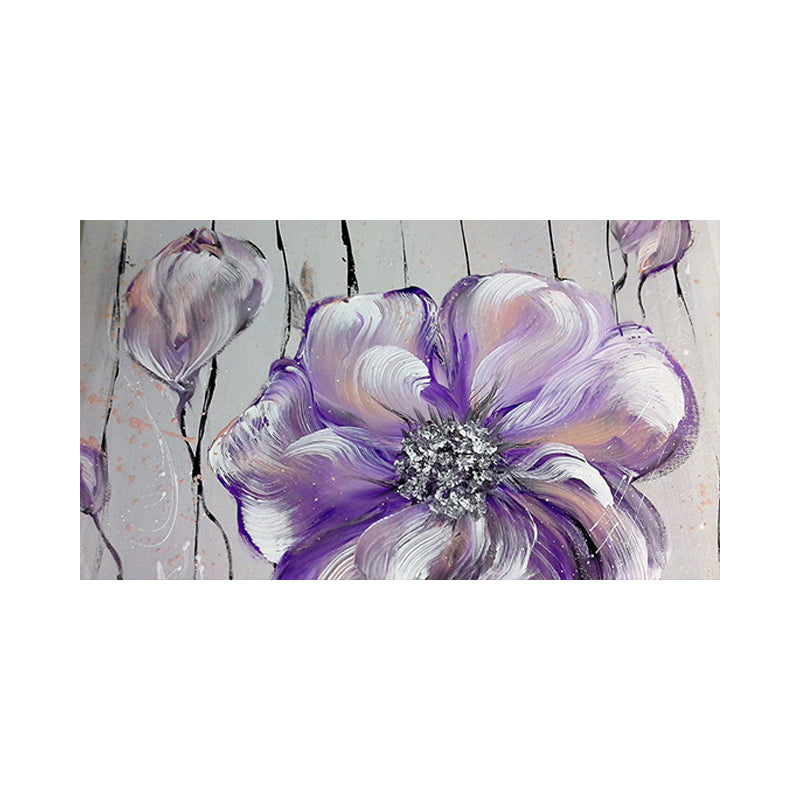 Stylish Flower Painting Canvas Art Purple-Grey Textured Wall Decor for  Living Room