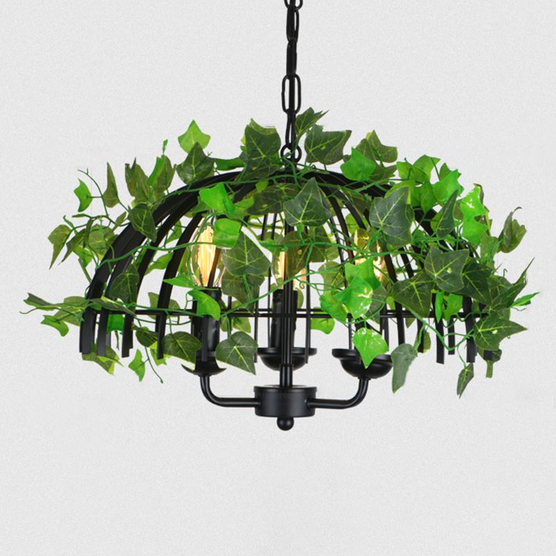 3-Light Iron Ceiling Chandelier Industrial Green Fake Plant and Cage ...