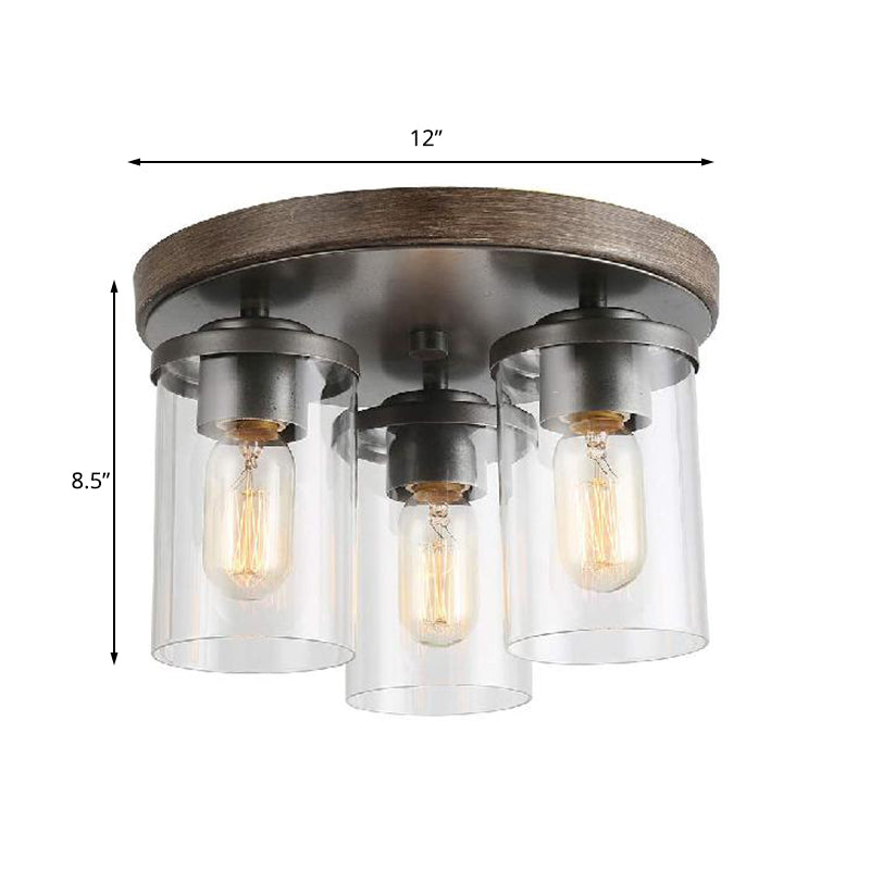 Cylinder Clear Glass Flush Ceiling Light Industrial 3 Bulbs Living Room Lamping in Bronze Clearhalo 'Ceiling Lights' 'Close To Ceiling Lights' 'Close to ceiling' 'Glass shade' 'Glass' 'Pendant Lights' Lighting' 160009