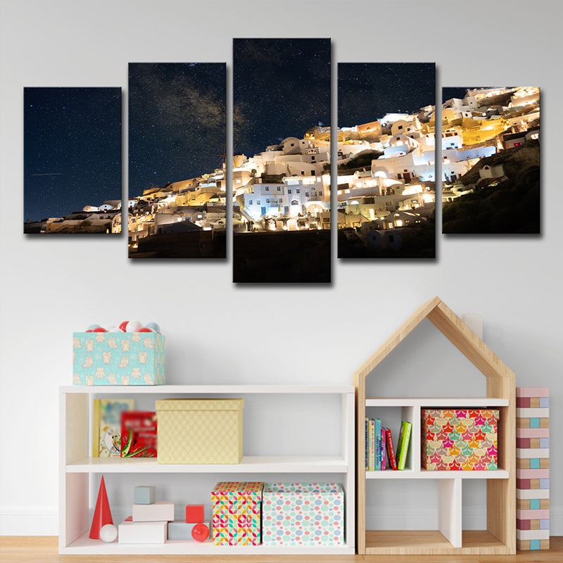 Night Cityscape Canvas Print House Interior Milky Way Wall Art in Yellow-Blue Yellow Clearhalo 'Art Gallery' 'Canvas Art' 'Contemporary Art Gallery' 'Modern' Arts' 1600225