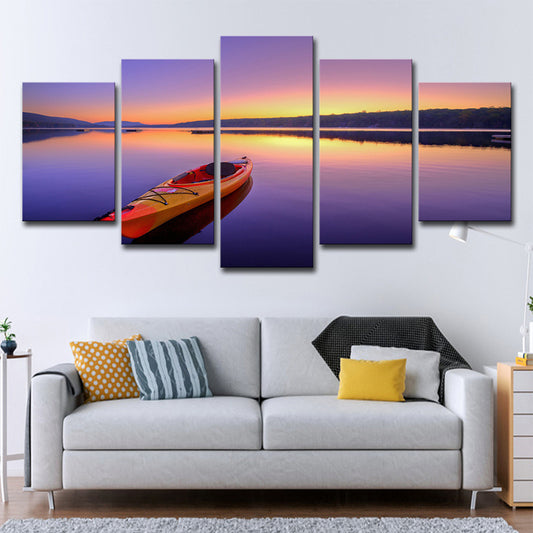 Canvas Multi-Piece Art Print Contemporary Boat on Lake at Dusk Scenery Wall Decor in Purple Clearhalo 'Art Gallery' 'Canvas Art' 'Contemporary Art Gallery' 'Modern' Arts' 1600328