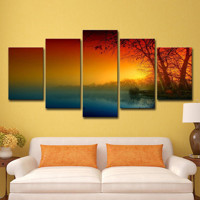 Orange Sunset River Canvas Art Nature Landscape Modern Multi-Piece Wall Decor for Home Clearhalo 'Art Gallery' 'Canvas Art' 'Contemporary Art Gallery' 'Modern' Arts' 1600457