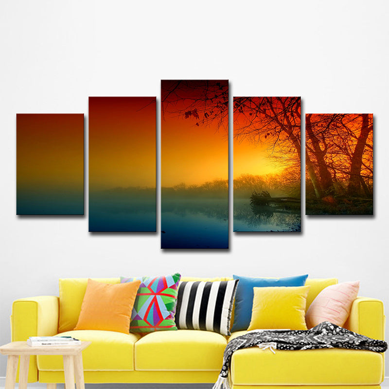 Orange Sunset River Canvas Art Nature Landscape Modern Multi-Piece Wall Decor for Home Clearhalo 'Art Gallery' 'Canvas Art' 'Contemporary Art Gallery' 'Modern' Arts' 1600458