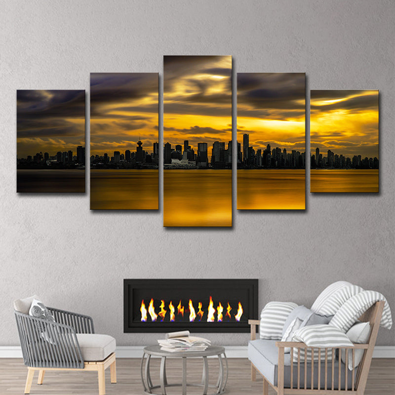 Yellow Sundown Landscape Wall Art Cityscape Modernist Multi-Piece Canvas Print for Corridor Clearhalo 'Art Gallery' 'Canvas Art' 'Contemporary Art Gallery' 'Modern' Arts' 1600520