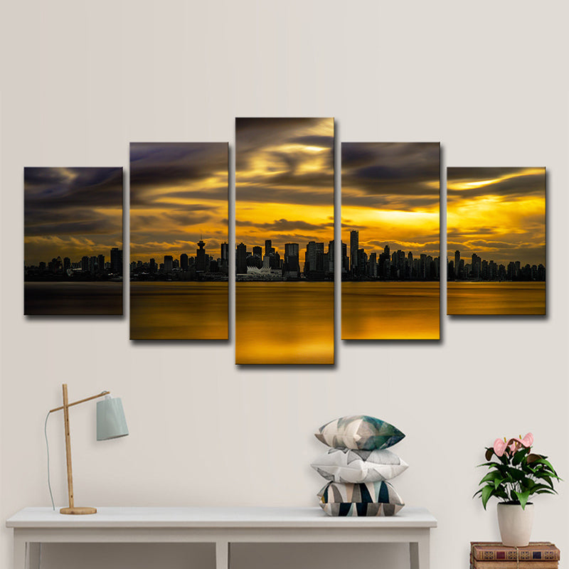 Yellow Sundown Landscape Wall Art Cityscape Modernist Multi-Piece Canvas Print for Corridor Clearhalo 'Art Gallery' 'Canvas Art' 'Contemporary Art Gallery' 'Modern' Arts' 1600521