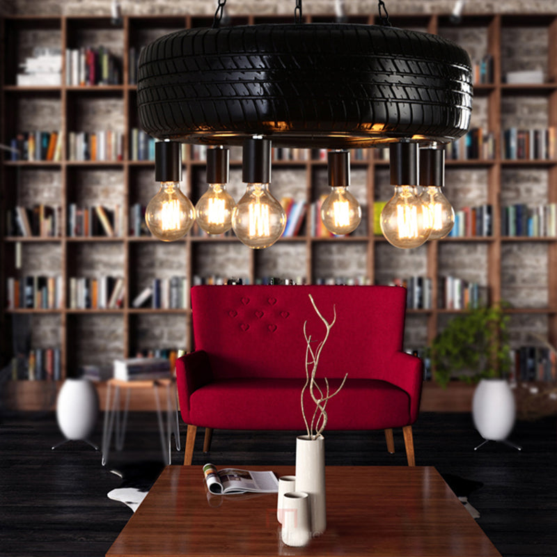Cafe Car Tire Pendant Lamp Rubber 6 Lights Vintage Stylish Chandelier in Black Black Clearhalo 'Ceiling Lights' 'Chandeliers' Lighting' options 160052_32c4b390-cd2f-4eb2-9327-d4fac8900a0c