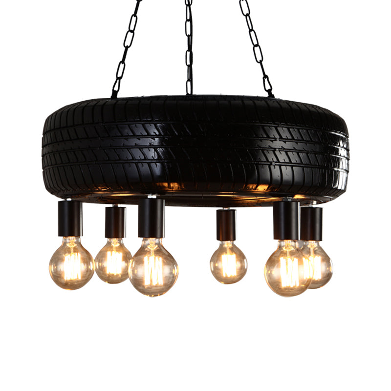 Cafe Car Tire Pendant Lamp Rubber 6 Lights Vintage Stylish Chandelier in Black Clearhalo 'Ceiling Lights' 'Chandeliers' Lighting' options 160054