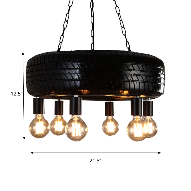 Cafe Car Tire Pendant Lamp Rubber 6 Lights Vintage Stylish Chandelier in Black Clearhalo 'Ceiling Lights' 'Chandeliers' Lighting' options 160055