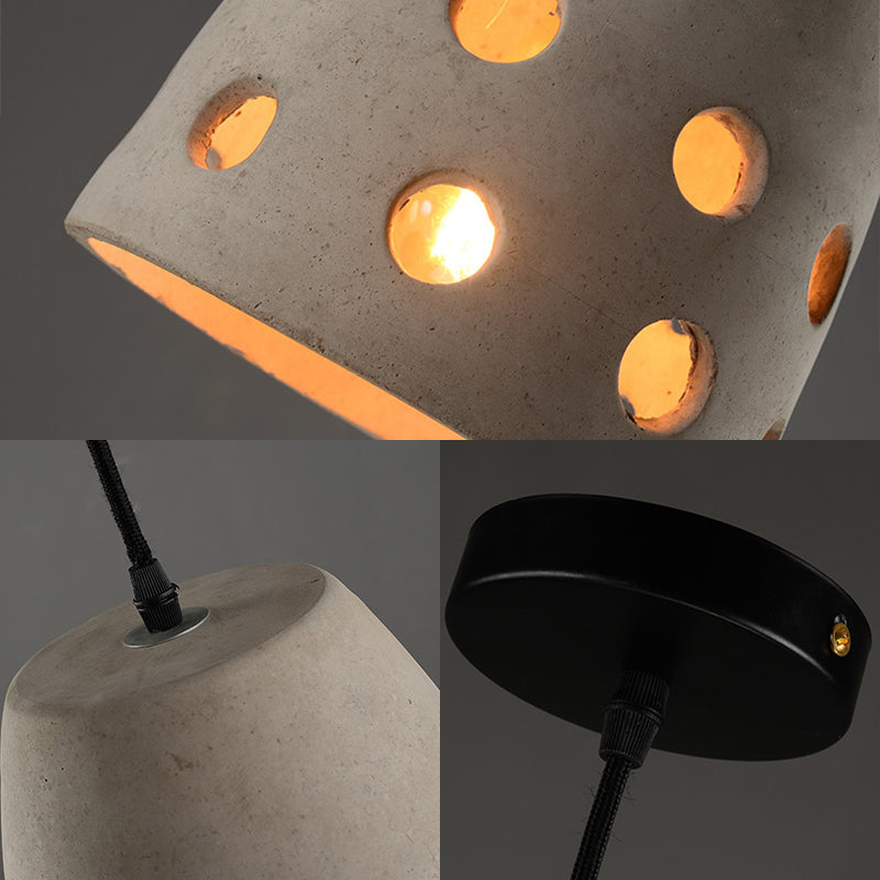 Gray Bucket Pendant Light Industrial Cement 1 Head Dining Table Hanging Lamp with Hollow Out Design Clearhalo 'Ceiling Lights' 'Modern Pendants' 'Modern' 'Pendant Lights' 'Pendants' Lighting' 160078