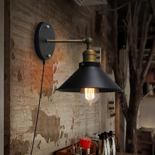 1 Head Metal Wall Mounted Lamp Vintage Style Black Finish Conical Corridor Wall Sconce Lighting Black Clearhalo 'Art deco wall lights' 'Cast Iron' 'Glass' 'Industrial wall lights' 'Industrial' 'Middle century wall lights' 'Modern' 'Rustic wall lights' 'Tiffany' 'Traditional wall lights' 'Wall Lamps & Sconces' 'Wall Lights' Lighting' 160095