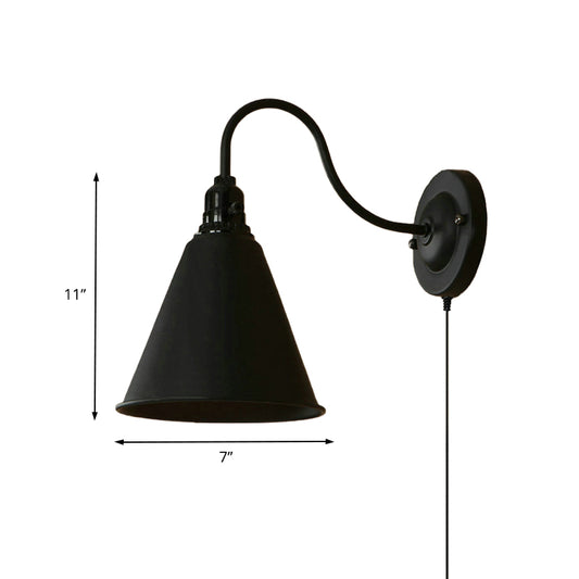1 Light Tapered Wall Sconce with Plug-In Cord Industrial Black Metallic Sconce Light for Front Door Clearhalo 'Art deco wall lights' 'Cast Iron' 'Glass' 'Industrial wall lights' 'Industrial' 'Middle century wall lights' 'Modern' 'Rustic wall lights' 'Tiffany' 'Traditional wall lights' 'Wall Lamps & Sconces' 'Wall Lights' Lighting' 160185