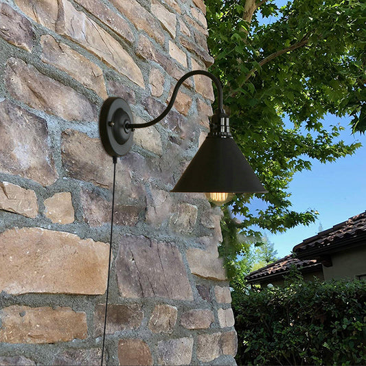 Retro Stylish Conical Wall Lighting 1 Bulb Metal Plug-In Sconce Lamp with Gooseneck Arm in Matte Black for Porch Matte Black Clearhalo 'Art deco wall lights' 'Cast Iron' 'Glass' 'Industrial wall lights' 'Industrial' 'Middle century wall lights' 'Modern' 'Rustic wall lights' 'Tiffany' 'Traditional wall lights' 'Wall Lamps & Sconces' 'Wall Lights' Lighting' 160195