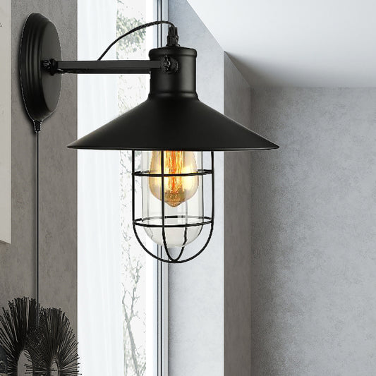 1 Light Cone Sconce Light Industrial Black Clear Glass Wall Lamp for Kitchen with Cage and Plug-In Cord Black Clearhalo 'Art deco wall lights' 'Cast Iron' 'Glass' 'Industrial wall lights' 'Industrial' 'Middle century wall lights' 'Modern' 'Rustic wall lights' 'Tiffany' 'Traditional wall lights' 'Wall Lamps & Sconces' 'Wall Lights' Lighting' 160216