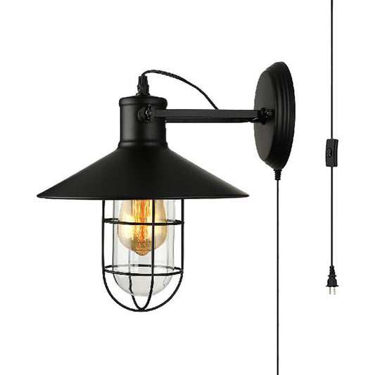 1 Light Cone Sconce Light Industrial Black Clear Glass Wall Lamp for Kitchen with Cage and Plug-In Cord Clearhalo 'Art deco wall lights' 'Cast Iron' 'Glass' 'Industrial wall lights' 'Industrial' 'Middle century wall lights' 'Modern' 'Rustic wall lights' 'Tiffany' 'Traditional wall lights' 'Wall Lamps & Sconces' 'Wall Lights' Lighting' 160218
