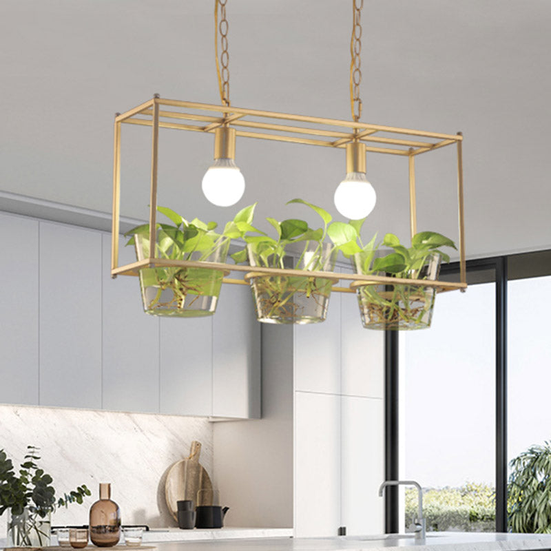 Metal Rectangle Island Ceiling Light Retro 2 Bulbs Dining Room LED Suspension Lamp in Black/Gold Gold Clearhalo 'Ceiling Lights' 'Island Lights' Lighting' 1604165