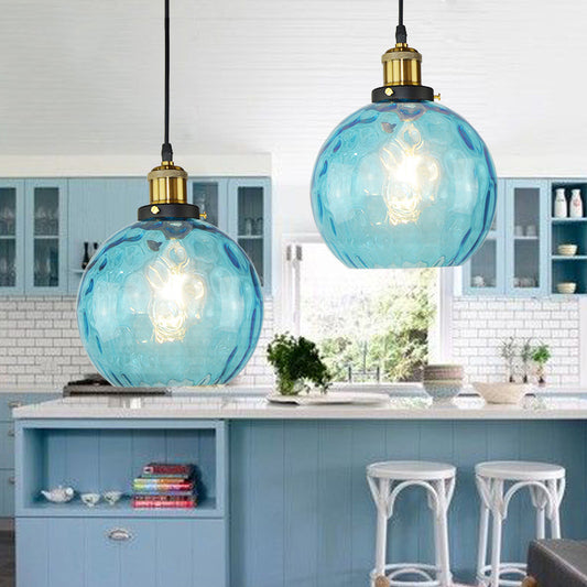 Blue Globe Pendant Lighting Fixture Industrial Dimpled Glass 1 Light Living Room Hanging Ceiling Light Blue Clearhalo 'Ceiling Lights' 'Close To Ceiling Lights' 'Glass shade' 'Glass' 'Industrial Pendants' 'Industrial' 'Middle Century Pendants' 'Pendant Lights' 'Pendants' 'Tiffany' Lighting' 160439