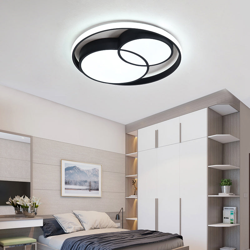 2 Crossed Circle Ceiling Flush Mount Modern Metal Black/White Integrated LED Bedroom Flush Mount Lighting in Warm/White Clearhalo 'Ceiling Lights' 'Close To Ceiling Lights' 'Close to ceiling' 'Flush mount' Lighting' 160460