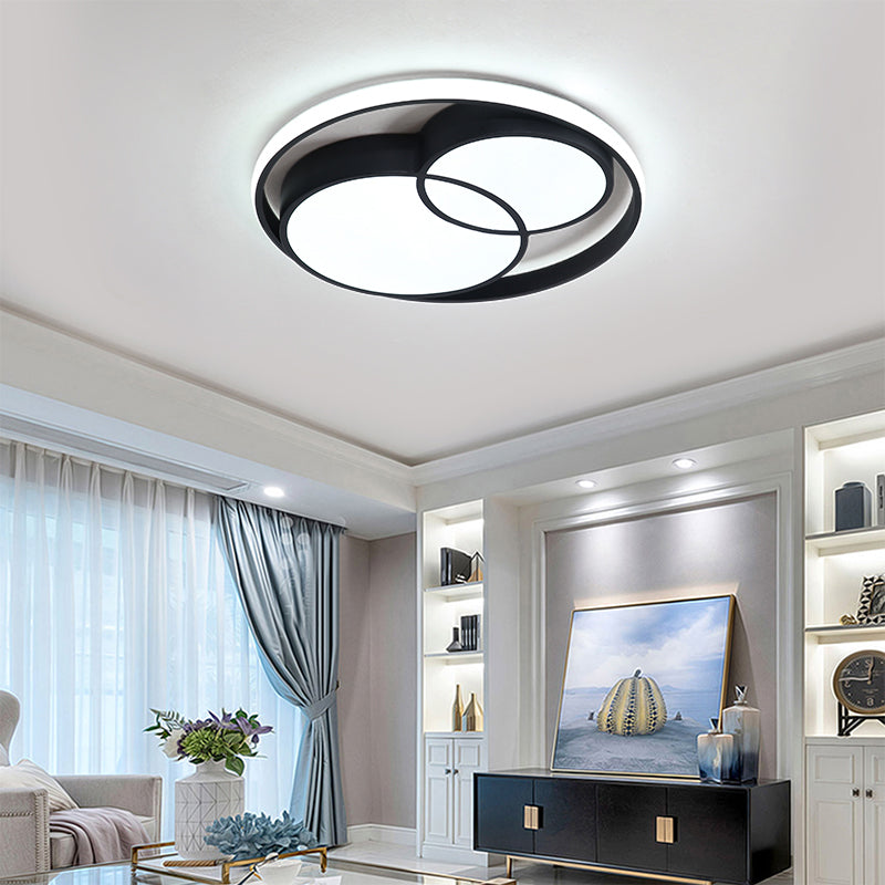 2 Crossed Circle Ceiling Flush Mount Modern Metal Black/White Integrated LED Bedroom Flush Mount Lighting in Warm/White Black Clearhalo 'Ceiling Lights' 'Close To Ceiling Lights' 'Close to ceiling' 'Flush mount' Lighting' 160461