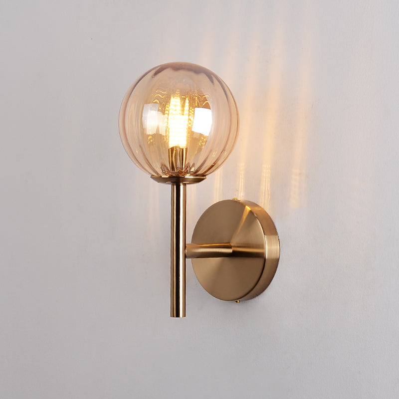 Round Wall Lighting Simplicity Red/Green/Amber Glass 1 Bulb Bedside Sconce Light Fixture with Pencil Arm Amber Clearhalo 'Cast Iron' 'Glass' 'Industrial' 'Modern wall lights' 'Modern' 'Tiffany' 'Traditional wall lights' 'Wall Lamps & Sconces' 'Wall Lights' Lighting' 1604616