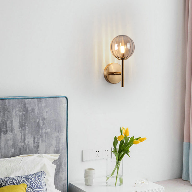 Round Wall Lighting Simplicity Red/Green/Amber Glass 1 Bulb Bedside Sconce Light Fixture with Pencil Arm Clearhalo 'Cast Iron' 'Glass' 'Industrial' 'Modern wall lights' 'Modern' 'Tiffany' 'Traditional wall lights' 'Wall Lamps & Sconces' 'Wall Lights' Lighting' 1604618